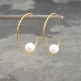 Gold Oval Pearl Hoop Earrings