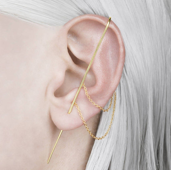 Yellow Gold Delicate Chain Ear Cuff Earrings