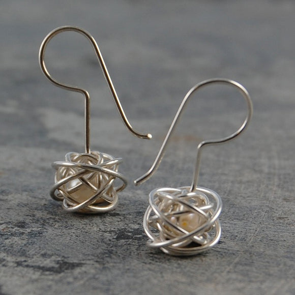 Caged Pearl Silver Drop Earrings in White