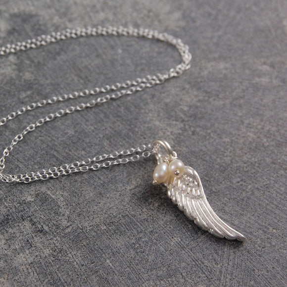 Pearl and Silver Angel Wing Necklace