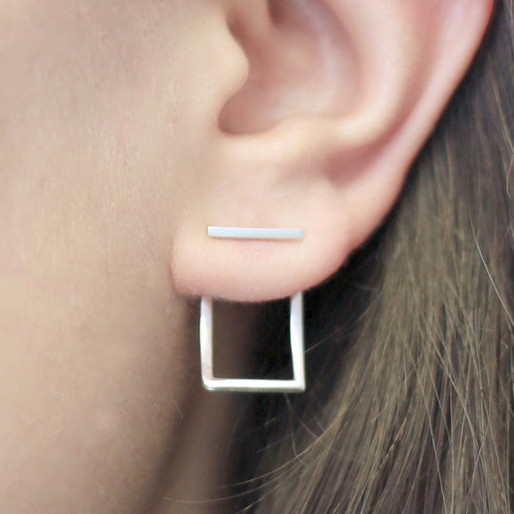 Curved Rectangle Silver Ear Jackets