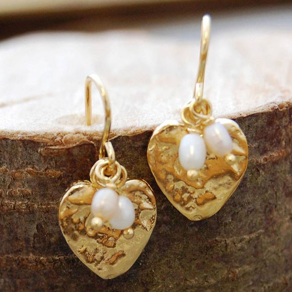 Organic Pearl and Gold Heart Drop Earrings