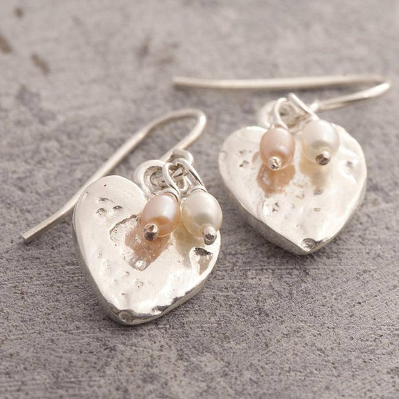 Organic Heart Pearl Drop Earrings with Pink and White Pearls