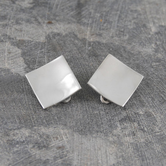 Concave Square Silver Clip On Earrings
