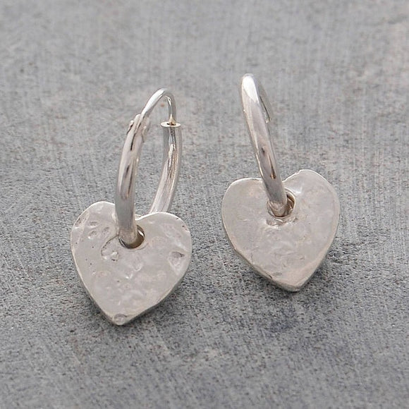 Organic Silver Heart Hoop Earrings