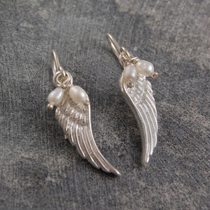 Silver Angel Wing Pearl Drop Earrings