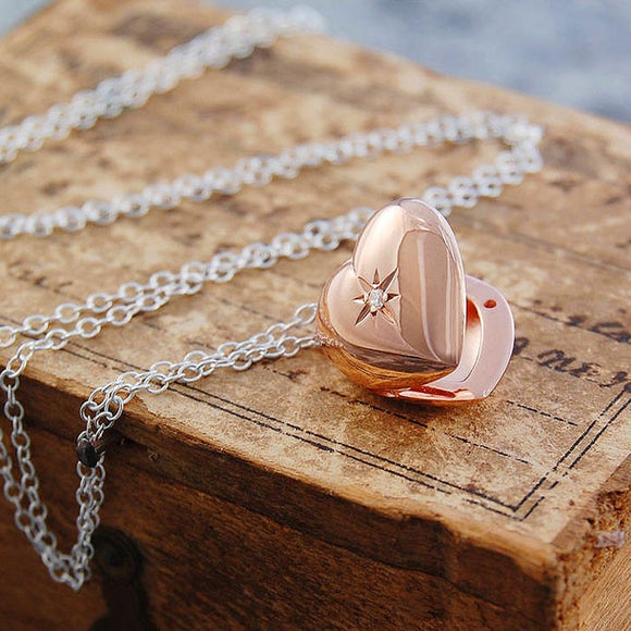 Rose Gold Heart Locket with White Topaz