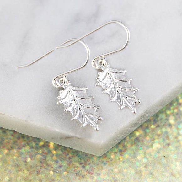 Holly Leaf Silver Christmas Earrings