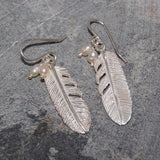 Silver Feather Drop Earrings with Pearls