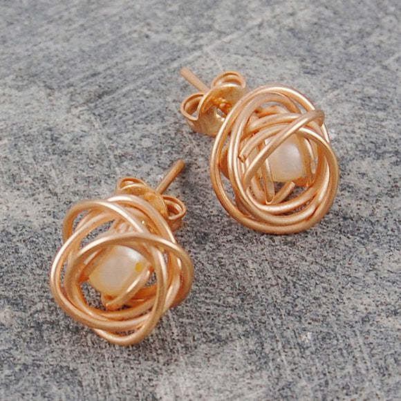 Caged Pearl Rose Gold Stud Earrings in White