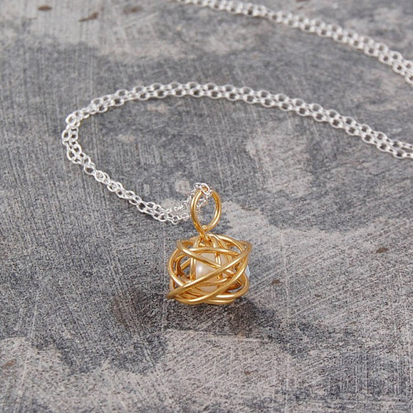 Caged Pearl Gold Knot Necklace in White