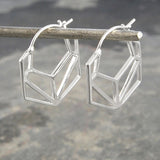 Hexagonal Geometric Silver Hoop Earrings