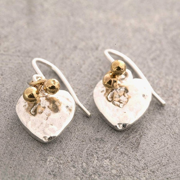 Organic Heart Silver Drop Earrings with Gold Beads