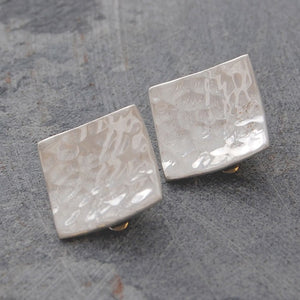 Hammered Square Silver Clip On Stud Earrings