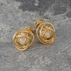 Caged Pearl Gold Knot Earrings in White