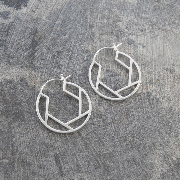 Round Geometric Silver Hoop Earrings