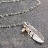 Silver Feather Necklace with Pearls