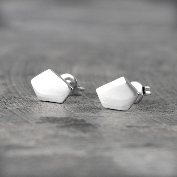 Geometric Pentagon Silver Stud Earrings