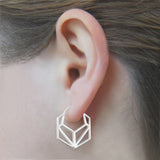 Hexagonal Geometric Silver Hoop Earrings