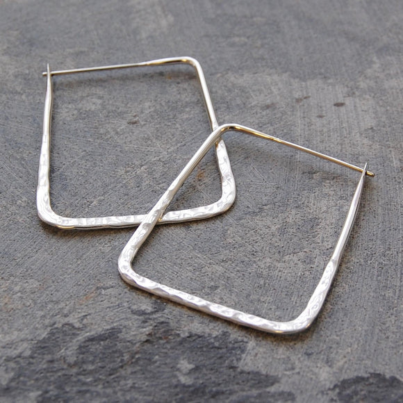 Silver Small Square Hammered Hoop Earrings