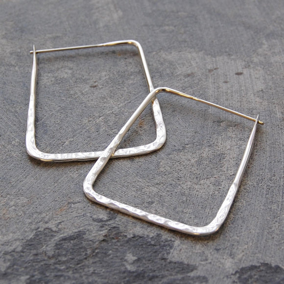 Hammered Square Geometric Silver Hoop Earrings