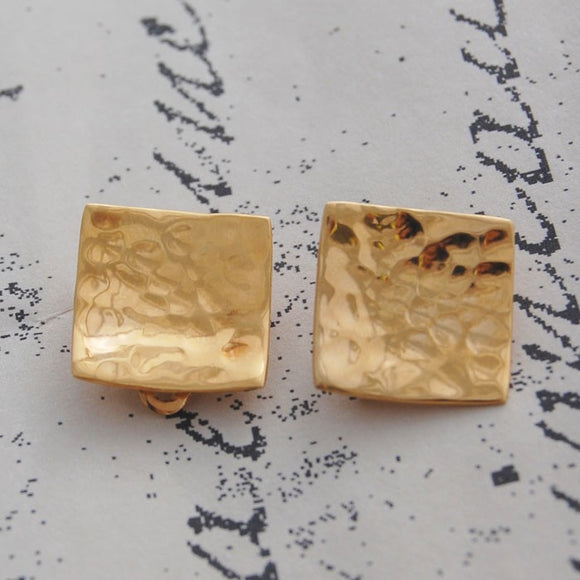 Hammered Square Gold Clip On Stud Earrings
