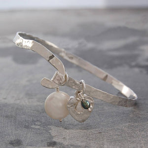 Organic Silver Heart Bangle with Pearls