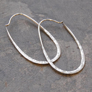 Oval Battered Silver Hoop Earrings
