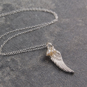 Pearl and Silver Angel Wing Necklace