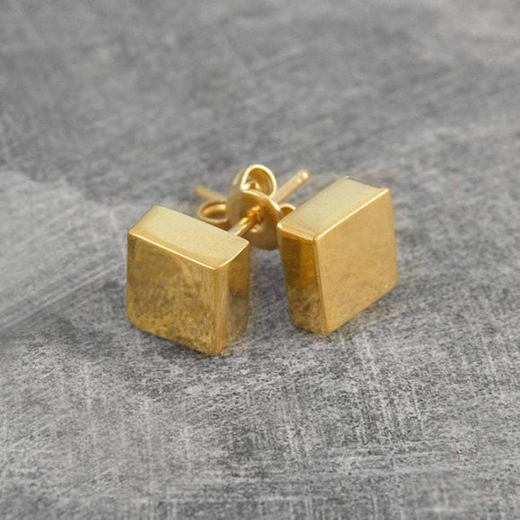 Square Disc Gold Stud Earrings