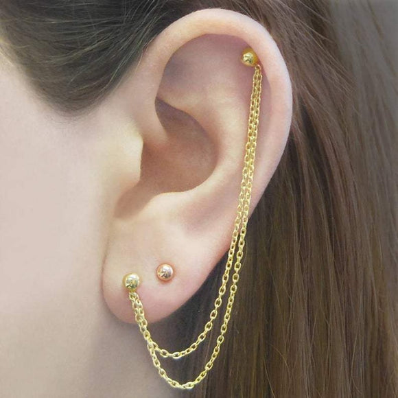 Yellow Gold Double Chain Stud Earrings