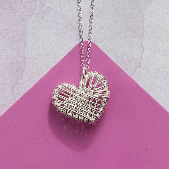 Small Woven Silver Heart Pendant Necklace