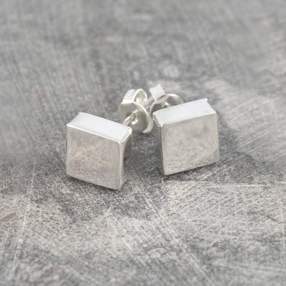 Square Disc Silver Stud Earrings