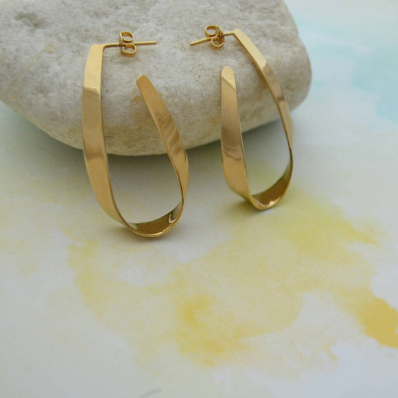 Gold Teardrop Ribbon Hoop Earrings