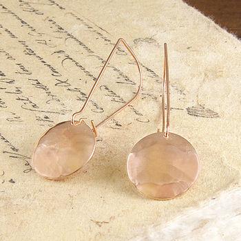 Rose Gold Hammered Disc Long Drop Earrings